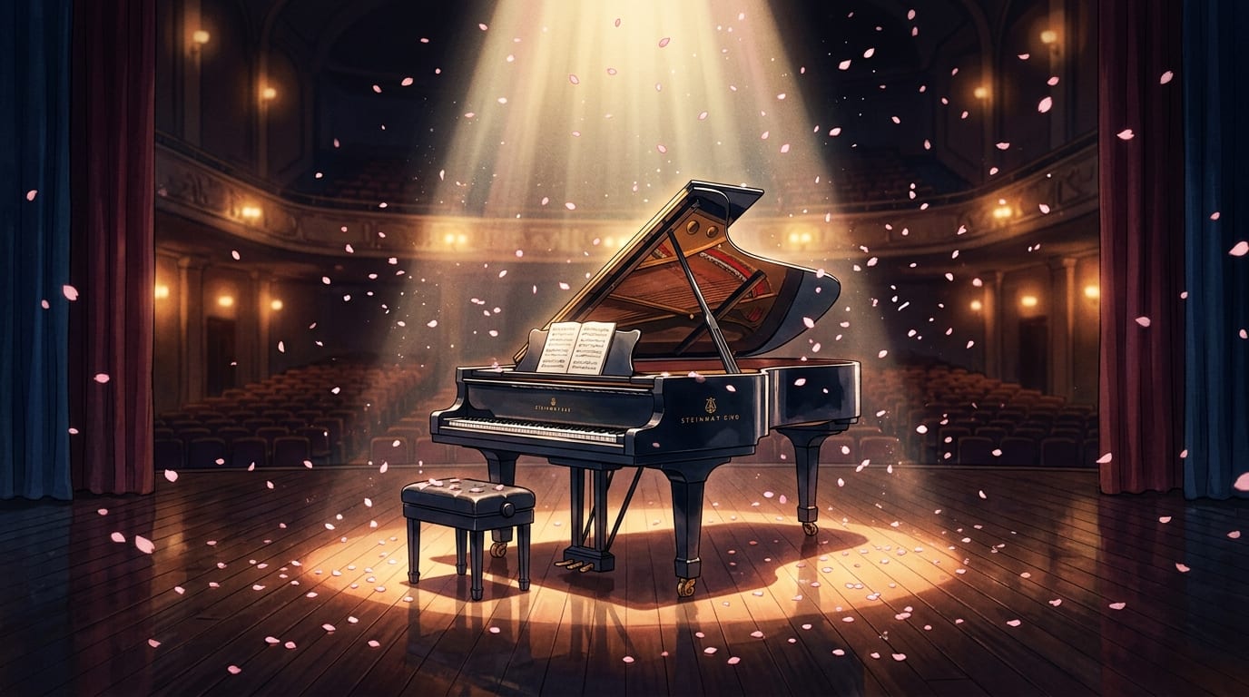Sân khấu với cây đàn grand piano dưới ánh đèn